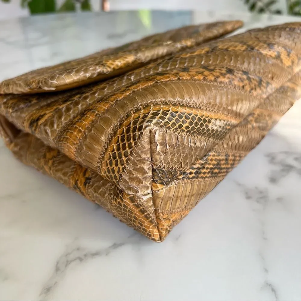 Tory Burch Kira Chevron Exotic Snakeskin Leather Convertible Shoulder Bag Tan